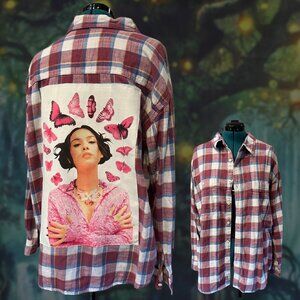 Plaid Button Down Shirt with Pink Butterfly Design